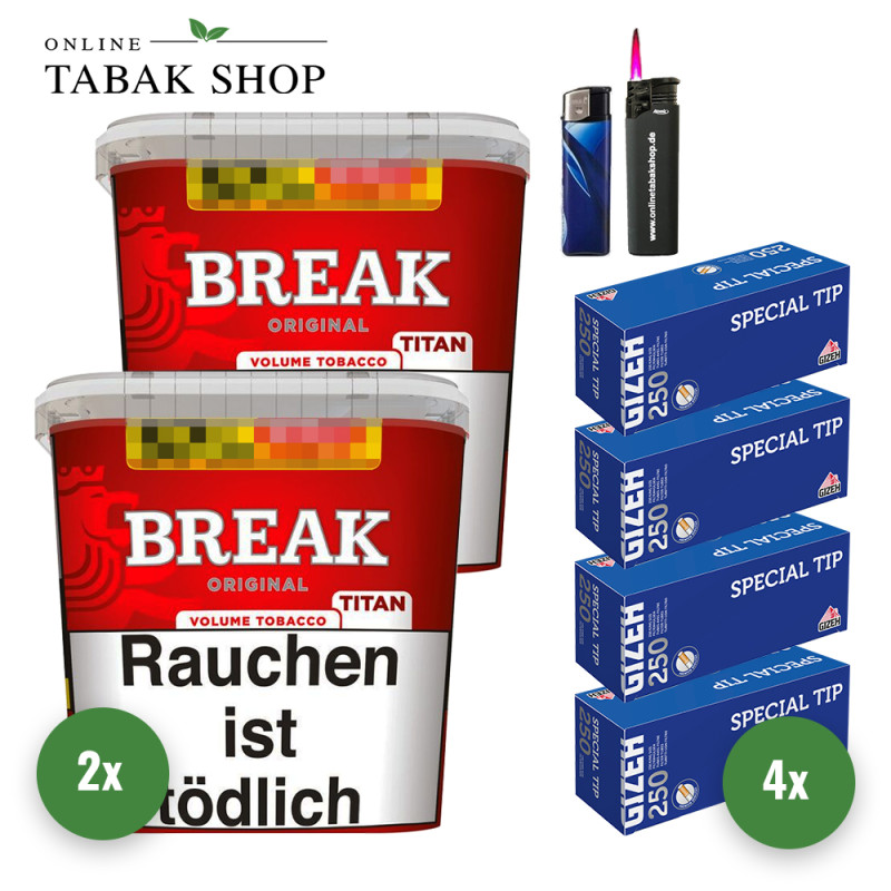 Break Original Titan (2 x 300g) + 1.000 Gizeh Special Tip Hülsen + 1 Sturmfeuerzeug + 1 Feuerzeug