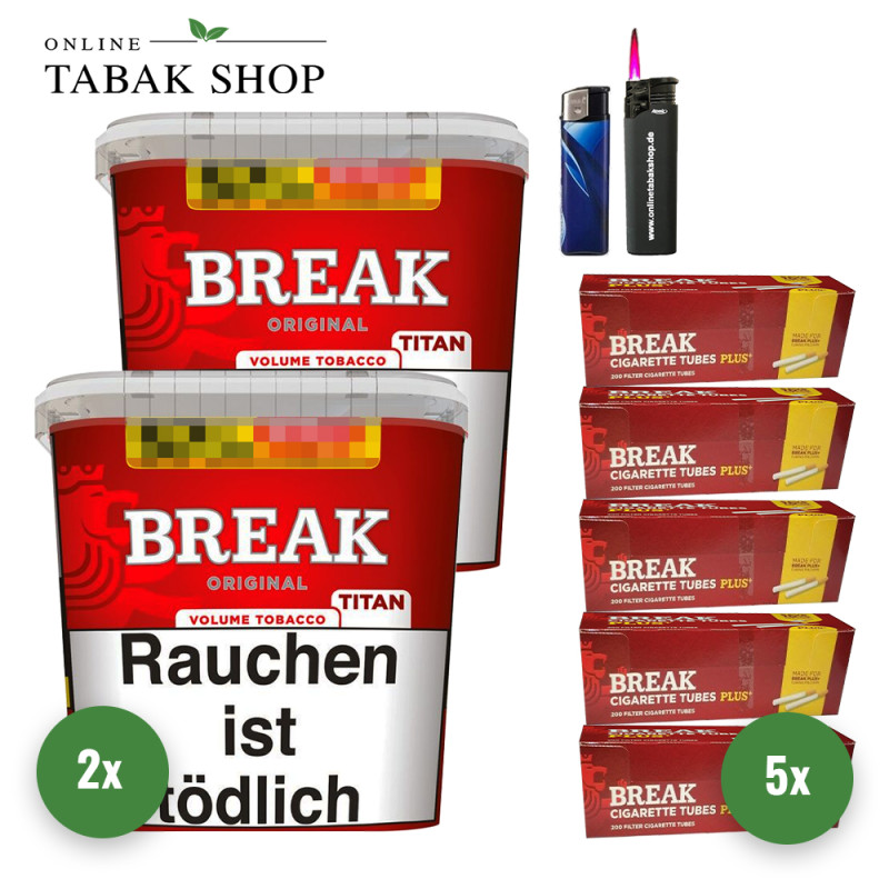 Break Original Titan (2 x 300g) + 1.000 Break Plus Hülsen + 1 Sturmfeuerzeug + 1 Feuerzeug