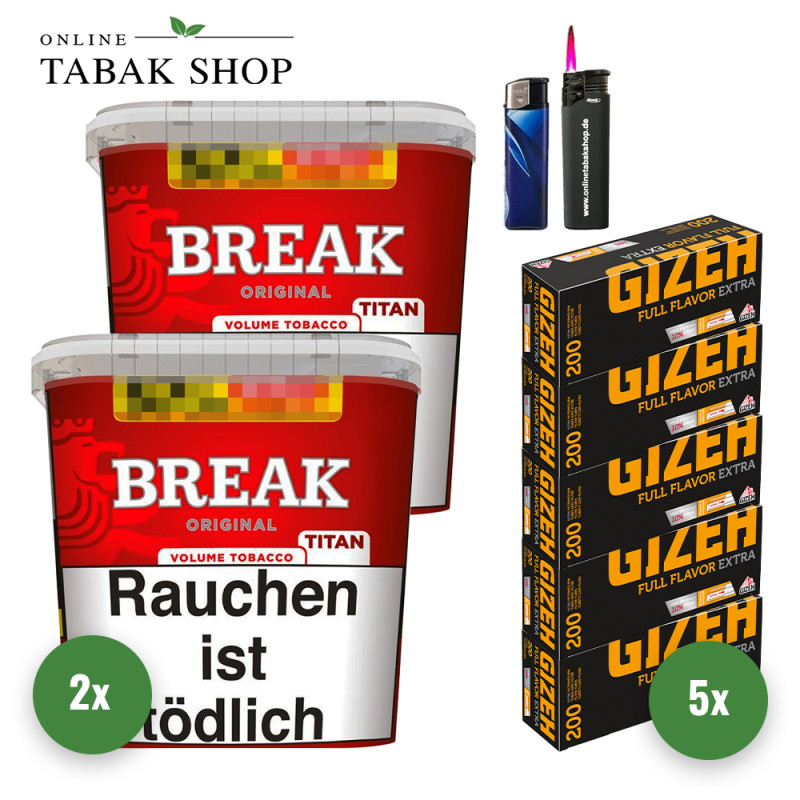Break Original Titan (2 x 300g) + 1.000 Gizeh Full Flavor Extra Hülsen + 1 Sturmfeuerzeug + 1 Feuerzeug