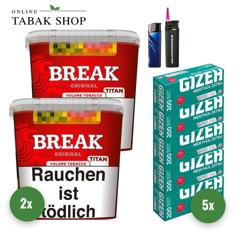 Break Original Titan (2 x 300g) + 1.000 Gizeh Menthol Extra Hülsen + 1 Sturmfeuerzeug + 1 Feuerzeug
