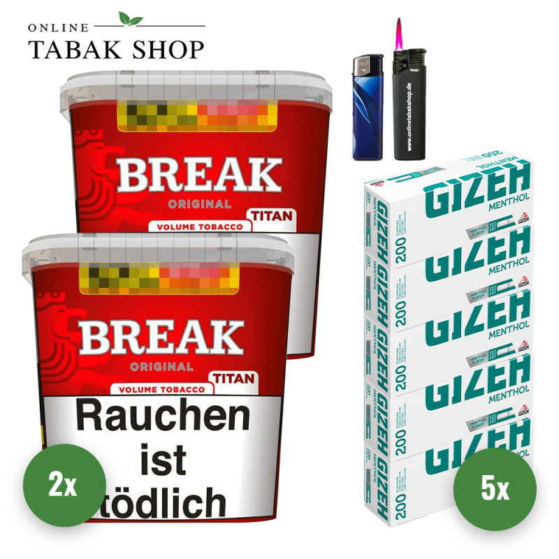 Break Original Titan (2 x 300g) + 1.000 Gizeh Menthol Hülsen + 1 Sturmfeuerzeug + 1 Feuerzeug