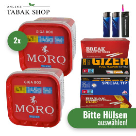 2x MORO Tabak 235g + 1000 Hülsen (Sorte wählbar) + 2 Feuerzeuge + 1 Sturmfeuerzeug
