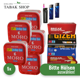 5x Moro Tabak 235g + 3000 Hülsen (Sorte wählbar) + 2 Feuerzeuge + 1 Sturmfeuerzeug