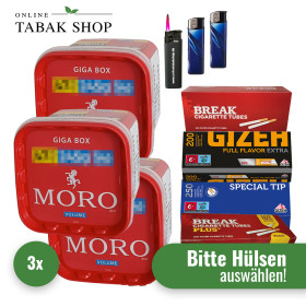 3x Moro Tabak 235g + 2000 Hülsen (Sorte wählbar) + 2 Feuerzeuge + 1 Sturmfeuerzeug