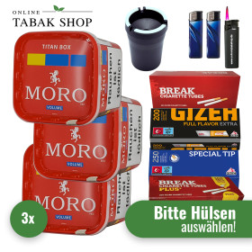Moro Tabak Titan Box (3 x 310g) + 2000  Hülsen + 1 Sturmfeuerzeug + 2 Feuerzeuge + 1 KFZ-Aschenbecher