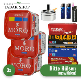 Moro Tabak Titan Box (3 x 310g) + 2.000  Hülsen + 1 Sturmfeuerzeug + 2 Feuerzeuge + 1 Drehascher 9cm