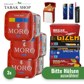Moro Tabak Titan Box (3 x 310g) + 2.000 Hülsen + 1 Sturmfeuerzeug + 2 Feuerzeuge + 1 Gizeh Etui
