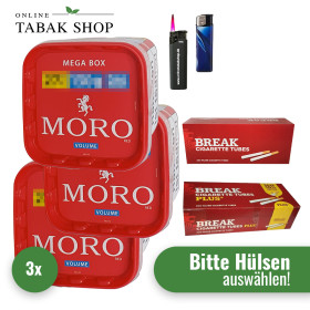 Moro Rot Volumentabak (3 x 130g) + 1.000 Hülsen (nach Wahl!) + 1 Sturmfeuerzeug + 1 Feuerzeug