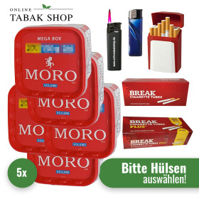Moro Rot Mega Volumen Tabak (5 x 130g) + 1.000 Hülsen (nach Wahl!) + 1 Sturmfeuerzeug + 1 Feuerzeug + 1 Gizeh Etui
