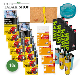 10x American Spirit Gelb Tabak 30g + 400 Gizeh Blättchen + 480 Gizeh Slim Filter + 5 Clipper Feuerzeuge + Pouch Bag + Ascher
