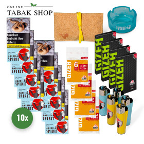 10x American Spirit Blau Tabak 30g + 400 Gizeh Blättchen + 480 Gizeh Slim Filter + 5 Clipper Feuerzeuge + Pouch Bag + Ascher