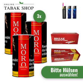 Moro Rot/American Blend (3 x 130g) + 1.000 Break Hülsen (nach Wahl) + 1 Sturmfeuerzeug + 2 Feuerzeuge