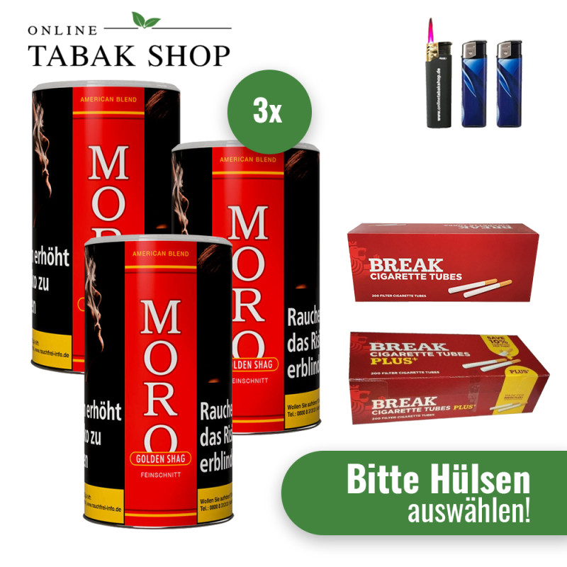 Moro Rot/American Blend (3 x 130g) + 1.000 Break Hülsen (nach Wahl) + 1 Sturmfeuerzeug + 2 Feuerzeuge