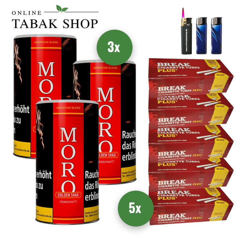 Moro Rot/American Blend (3 x 130g) + 5x200 Break Plus Hülsen (nach Wahl) + 1 Sturmfeuerzeug + 2 Feuerzeuge