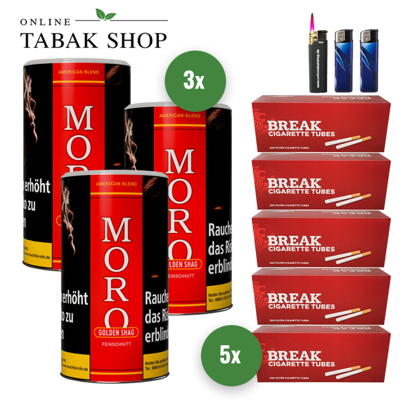 Moro Rot/American Blend (3 x 130g) + 5x200 Break Hülsen (nach Wahl) + 1 Sturmfeuerzeug + 2 Feuerzeuge
