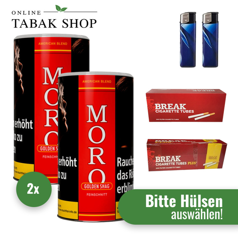 Moro Rot/Golden Shag (2 x 130g) + 800 Break Hülsen (nach Wahl) + 2 Feuerzeuge