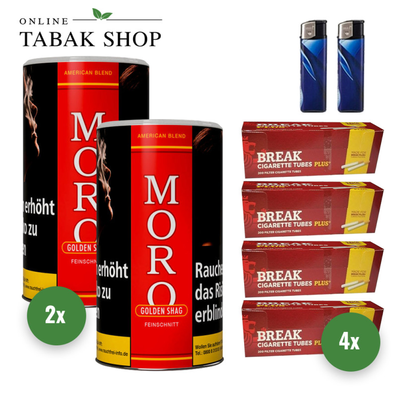 Moro Rot/Golden Shag (2 x 130g) + 4x 200 Break Plus Hülsen + 2 Feuerzeuge