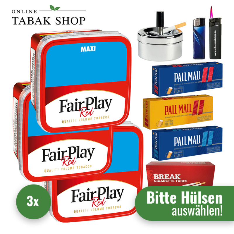 Fair Play Tabak (3 x 315g) + 1.000 Hülsen nach Wahl + 1 Sturmfeuerzeug + 1 Feuerzeug + 1 Drehascher