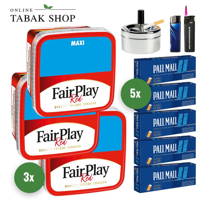 Fair Play Tabak (3 x 315g) + 1.000 Pall Mall Blue Xtra Hülsen + 1 Sturmfeuerzeug + 1 Feuerzeug + 1 Drehascher