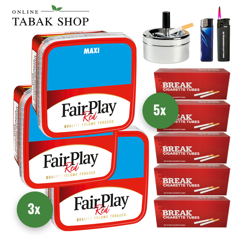 Fair Play Tabak (3 x 315g) + 1.000 Break Hülsen + 1 Sturmfeuerzeug + 1 Feuerzeug + 1 Drehascher