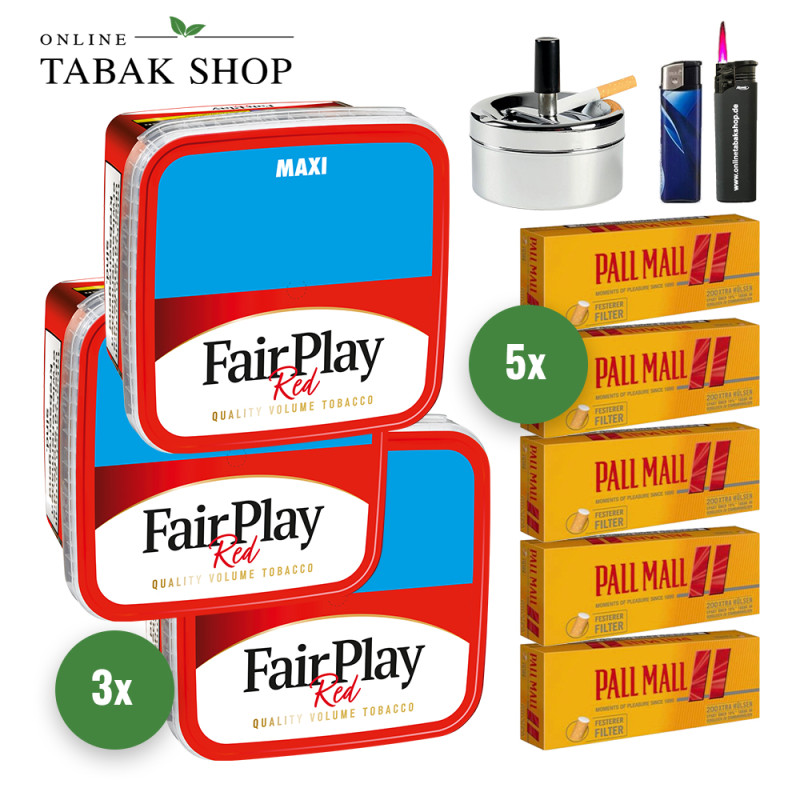 Fair Play Tabak (3 x 315g) + 1.000 Pall Mall Allround Red Xtra Hülsen + 1 Sturmfeuerzeug + 1 Feuerzeug + 1 Drehascher