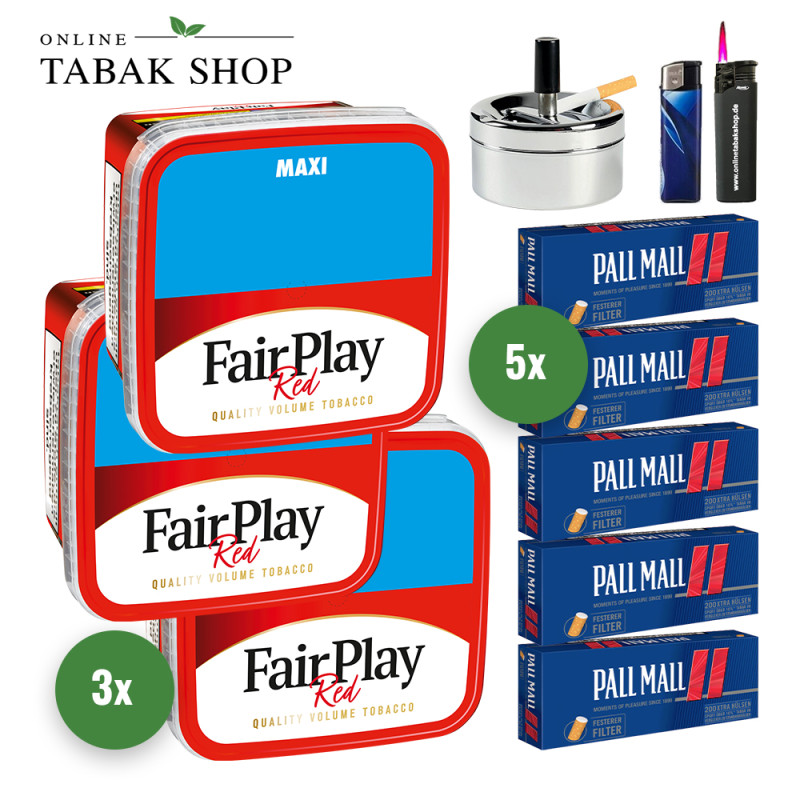 Fair Play Tabak (3 x 315g) + 1.000 Pall Mall Red Xtra Hülsen + 1 Sturmfeuerzeug + 1 Feuerzeug + 1 Drehascher