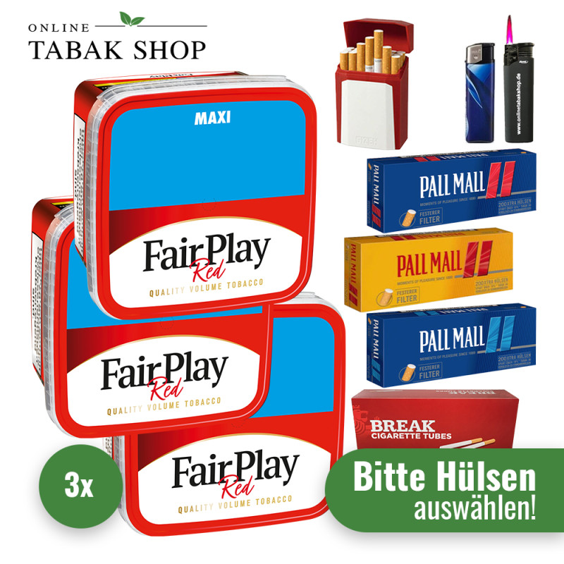 Fair Play Tabak (3 x 315g) + 1.000 Hülsen nach Wahl + 1 Sturmfeuerzeug + 1 Feuerzeug + 1 Gizeh Etui