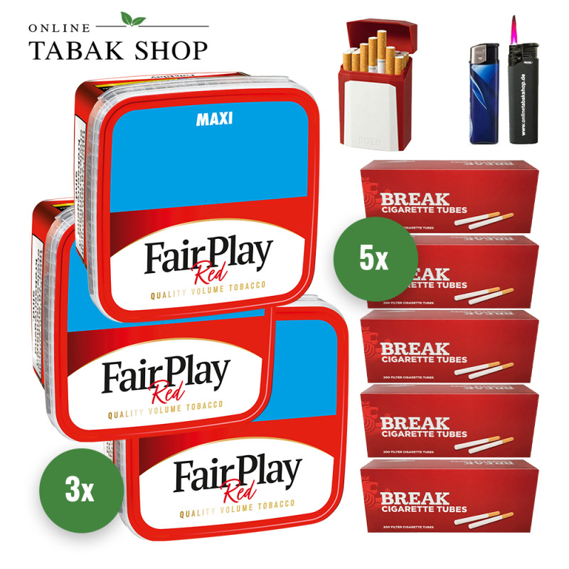Fair Play Tabak (3 x 315g) + 1.000 Break Hülsen + 1 Sturmfeuerzeug + 1 Feuerzeug + 1 Gizeh Etui