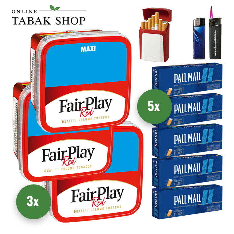 Fair Play Tabak (3 x 315g) + 1.000 Pall Mall Blue Xtra Hülsen + 1 Sturmfeuerzeug + 1 Feuerzeug + 1 Gizeh Etui