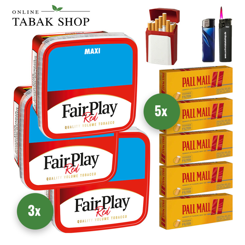 Fair Play Tabak (3 x 315g) + 1.000 Pall Mall Allround Red Xtra Hülsen + 1 Sturmfeuerzeug + 1 Feuerzeug + 1 Gizeh Etui