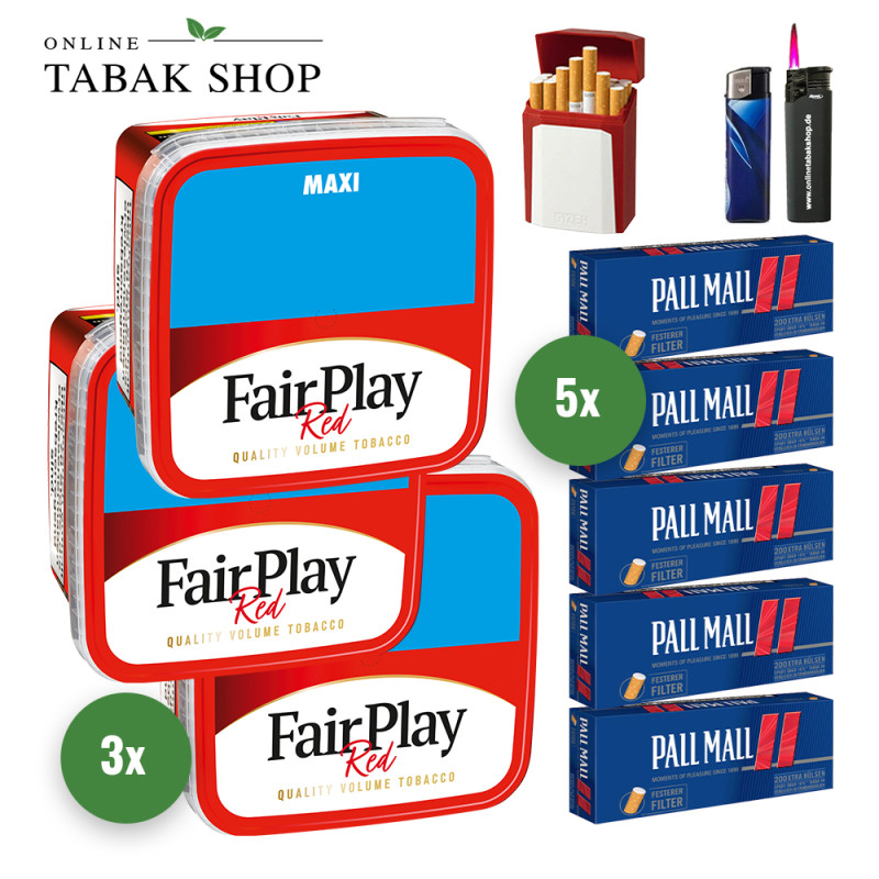 Fair Play Tabak (3 x 315g) + 1.000 Pall Mall Red Xtra Hülsen + 1 Sturmfeuerzeug + 1 Feuerzeug + 1 Gizeh Etui