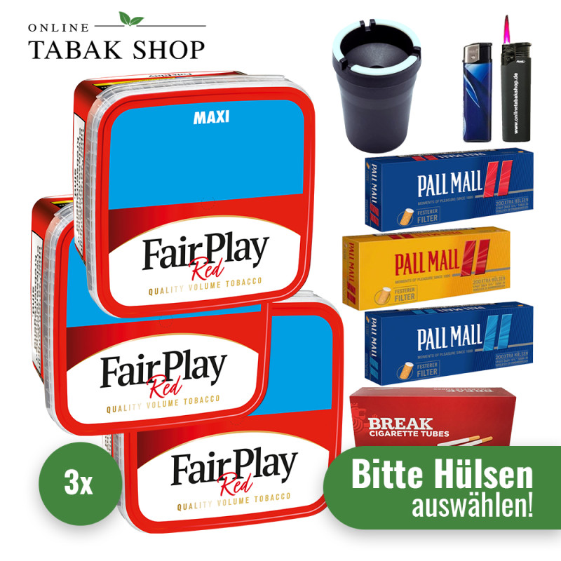 Fair Play Tabak (3 x 315g) + 1.000 Hülsen nach Wahl + 1 Sturmfeuerzeug + 1 Feuerzeug + 1 Autoascher