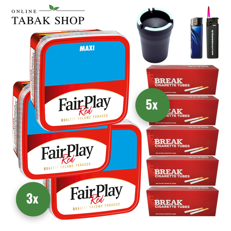 Fair Play Tabak (3 x 315g) + 1.000 Break Hülsen + 1 Sturmfeuerzeug + 1 Feuerzeug + 1 Autoascher