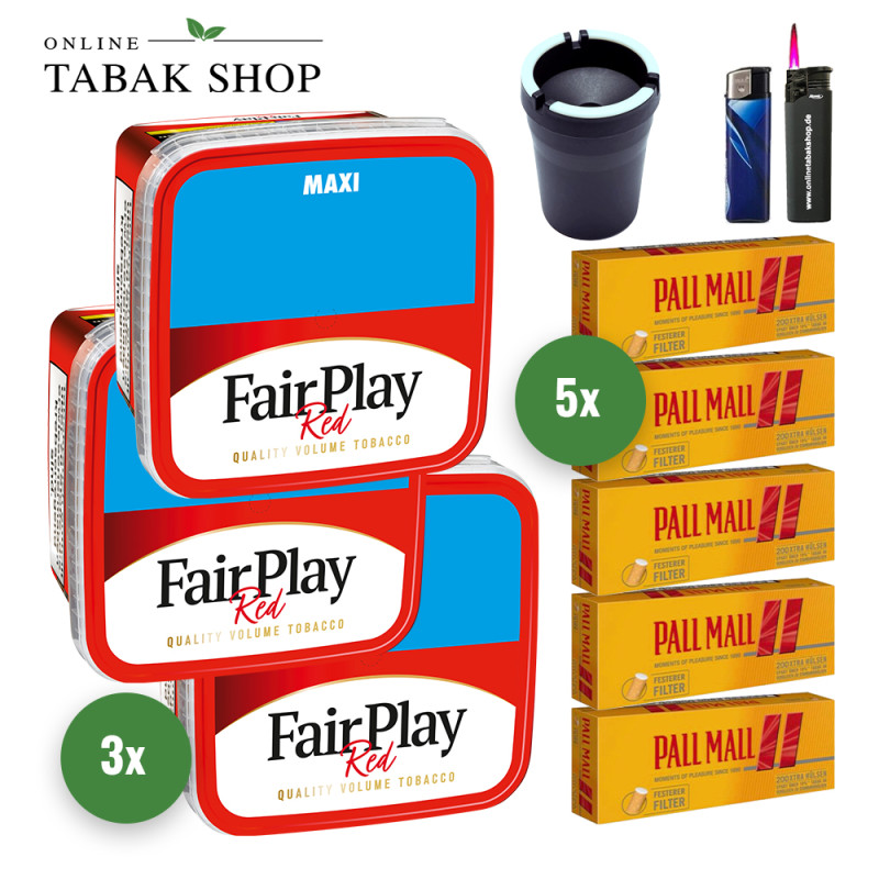 Fair Play Tabak (3 x 315g) + 1.000 Pall Mall Allround Red Xtra Hülsen + 1 Sturmfeuerzeug + 1 Feuerzeug + 1 Autoascher