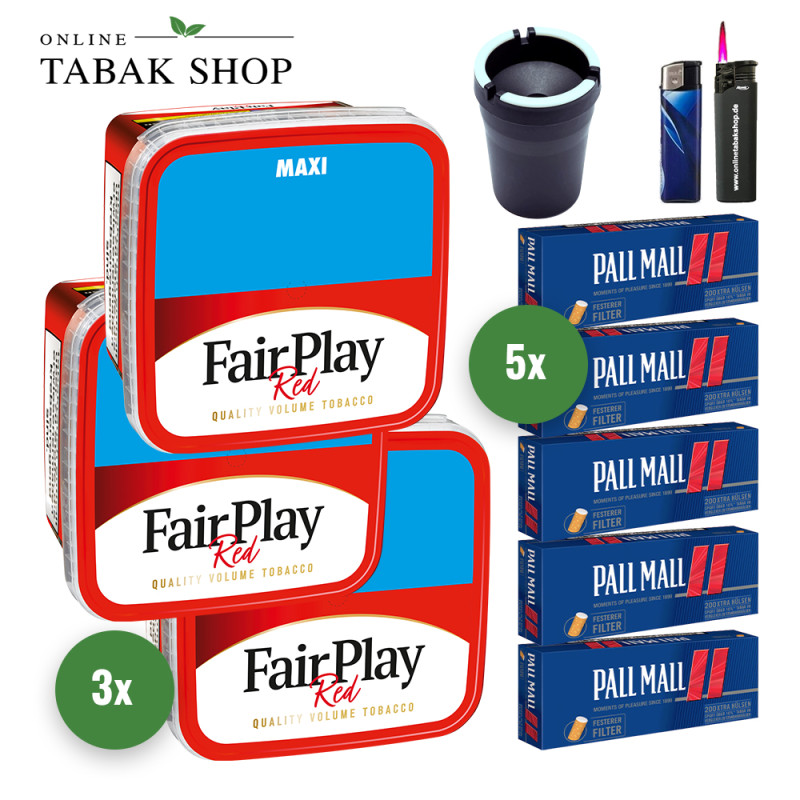 Fair Play Tabak (3 x 315g) + 1.000 Pall Mall Red Xtra Hülsen + 1 Sturmfeuerzeug + 1 Feuerzeug + 1 Autoascher