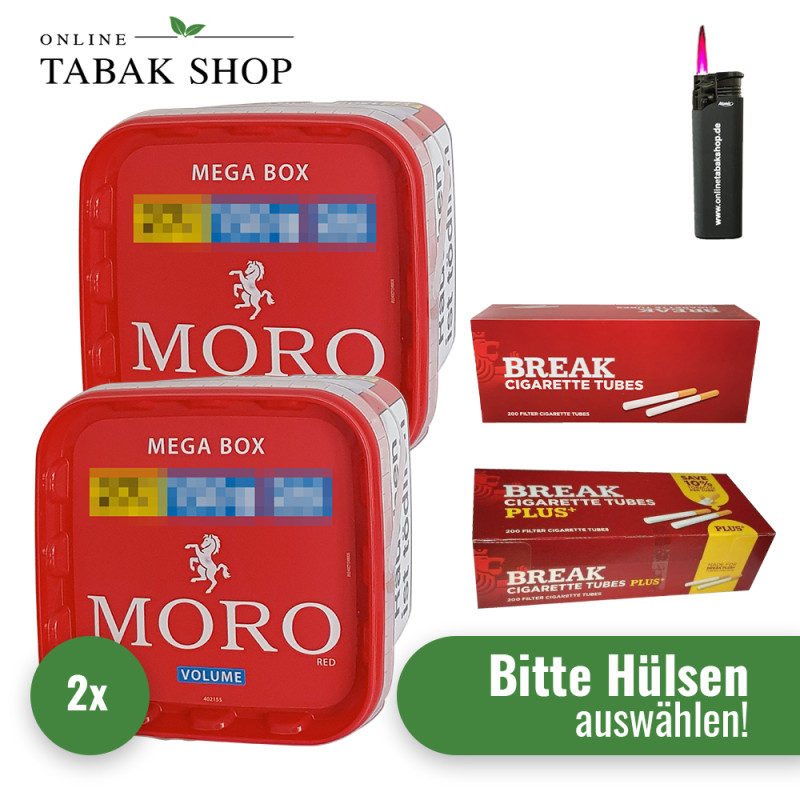 Moro Rot Volumentabak (2 x 130g) + 1.000 Hülsen (nach Wahl!) + 1 Sturmfeuerzeug