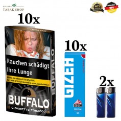 10x40g Buffalo Feinschnitttabak Black 40g + 10x50er Gizeh Special Blau Blättchen 2 Feuerzeuge