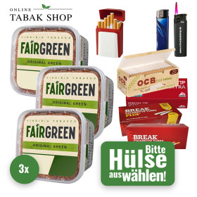 Fairgreen Tabak (3 x 270g) + 1.000 Hülsen + Sturmfeuerzeug + Feuerzeug + Gizeh Etui