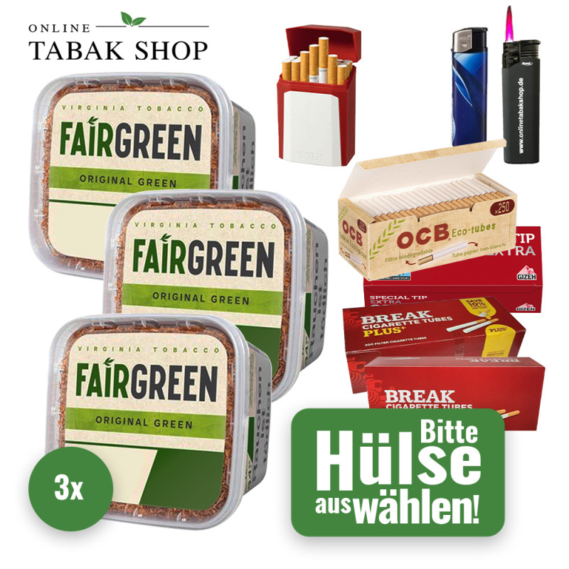 Fairgreen Tabak (3 x 270g) + 1.000 Hülsen + Sturmfeuerzeug + Feuerzeug + Gizeh Etui