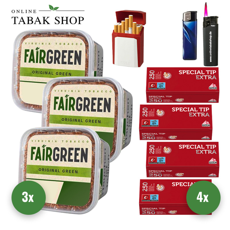Fairgreen Tabak (3 x 270g) + 1.000 Gizeh Special Tip Extra Hülsen + Sturmfeuerzeug + Feuerzeug + Gizeh Etui