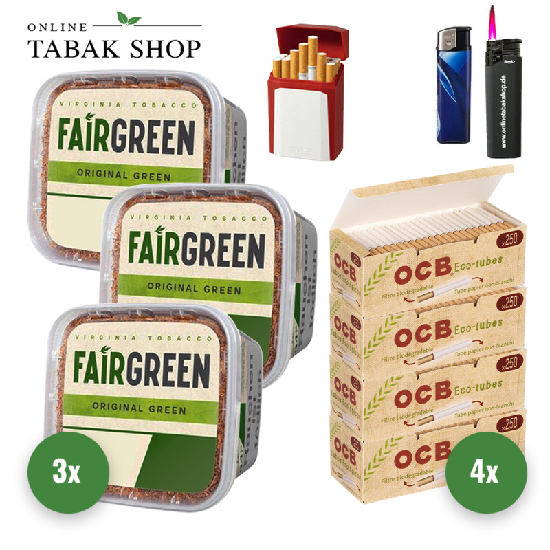 Fairgreen Tabak (3 x 270g) + 1.000 OCB Organic Hülsen + Sturmfeuerzeug + Feuerzeug + Gizeh Etui