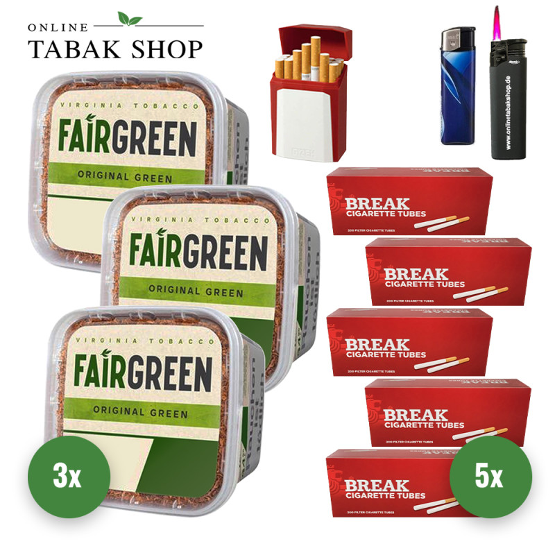 Fairgreen Tabak (3 x 270g) + 1.000 Break Hülsen + Sturmfeuerzeug + Feuerzeug + Gizeh Etui