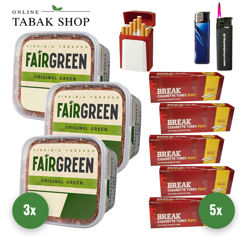 Fairgreen Tabak (3 x 270g) + 1.000 Break Plus Hülsen + Sturmfeuerzeug + Feuerzeug + Gizeh Etui