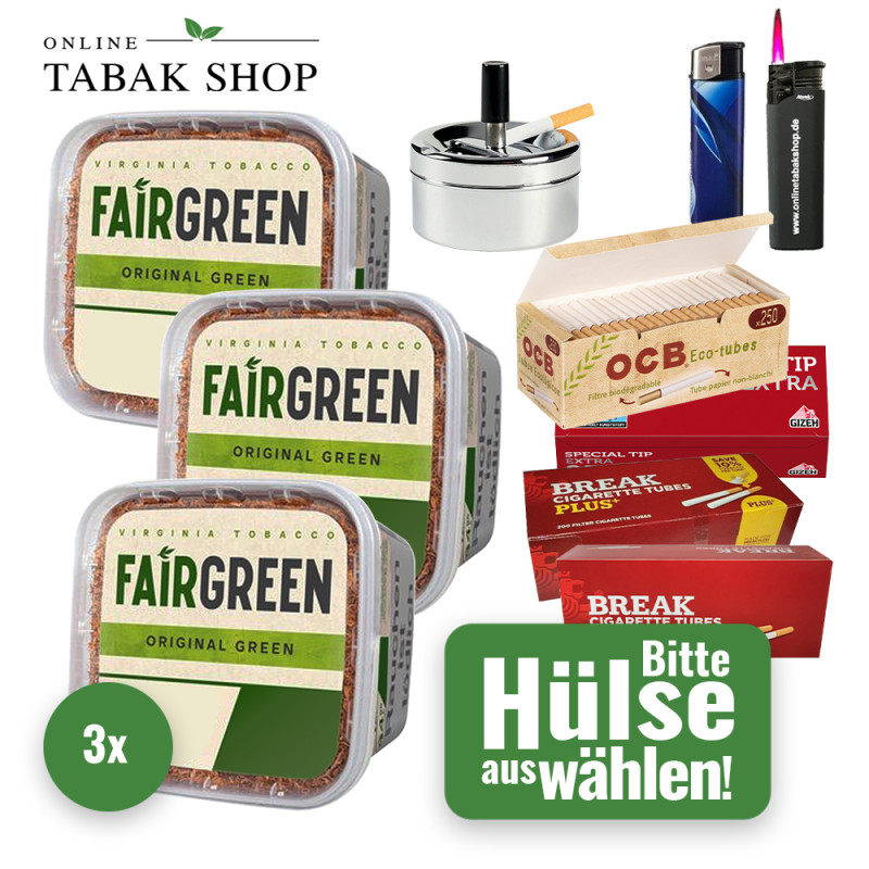 Fairgreen Tabak (3 x 270g) + 1.000 Hülsen + Sturmfeuerzeug + Feuerzeug + Drehascher