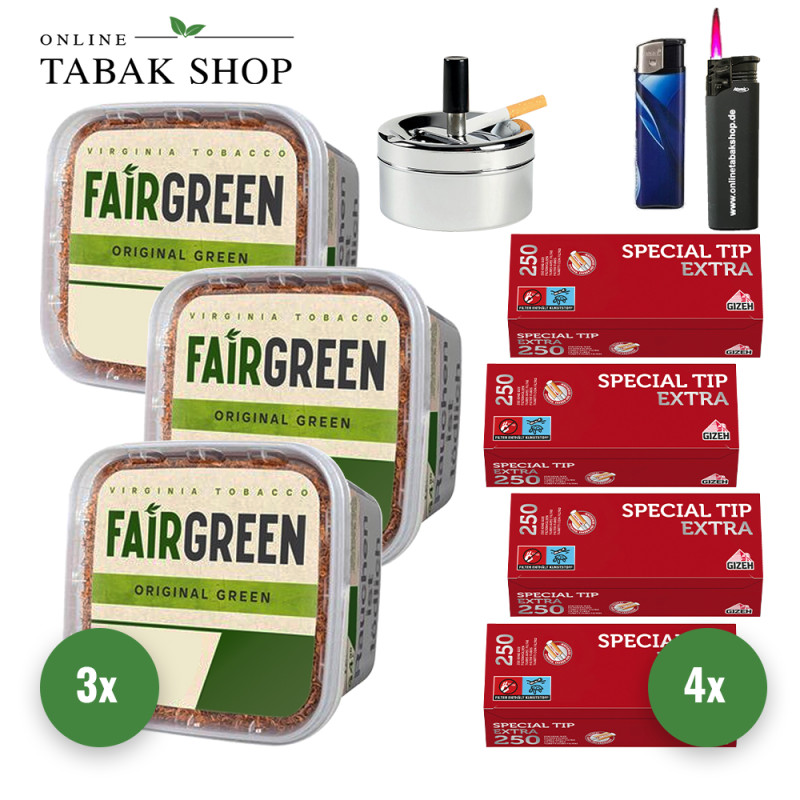 Fairgreen Tabak (3 x 270g) + 1.000 Gizeh Special Tip Extra Hülsen + Sturmfeuerzeug + Feuerzeug + Drehascher
