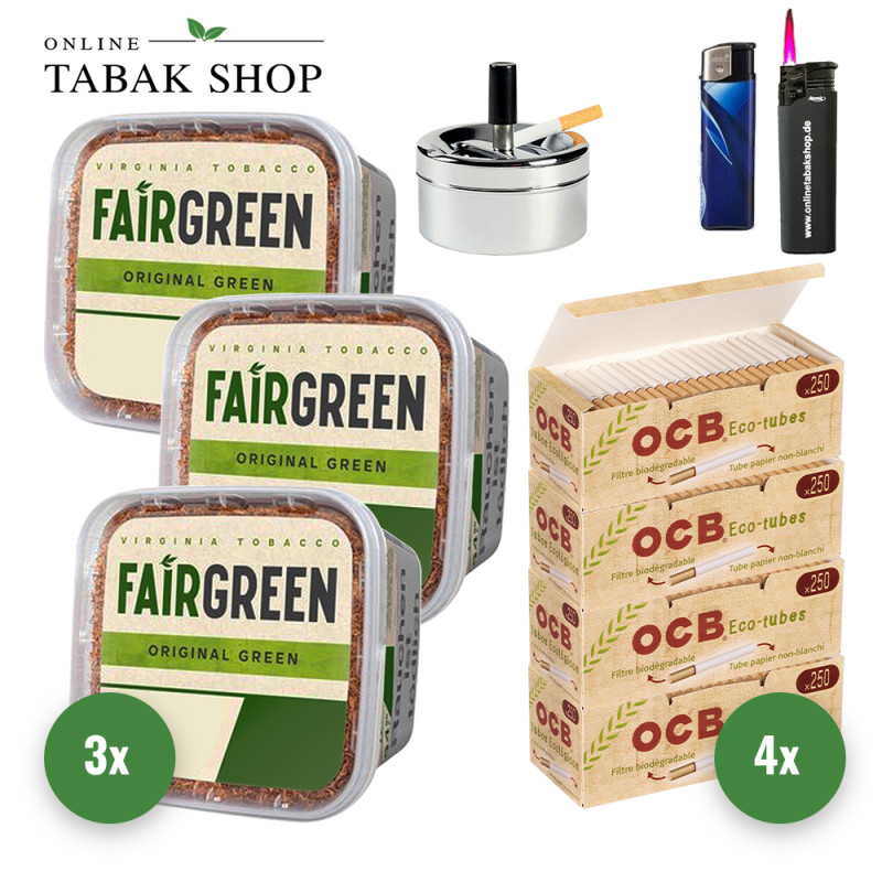 Fairgreen Tabak (3 x 270g) + 1.000 OCB Organic Hülsen + Sturmfeuerzeug + Feuerzeug + Drehascher