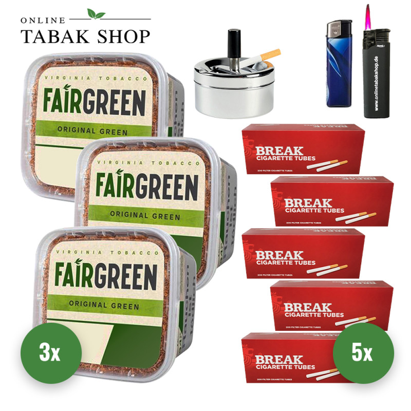 Fairgreen Tabak (3 x 270g) + 1.000 Break Hülsen + Sturmfeuerzeug + Feuerzeug + Drehascher