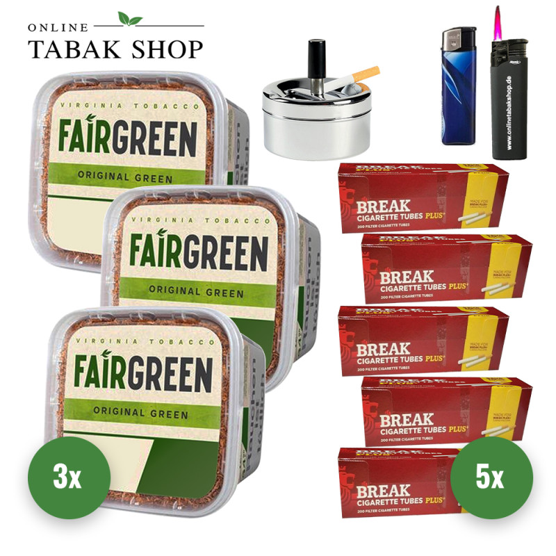 Fairgreen Tabak (3 x 270g) + 1.000 Break Plus Hülsen + Sturmfeuerzeug + Feuerzeug + Drehascher