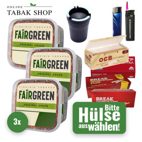 Fairgreen Tabak (3 x 270g) + 1.000 Hülsen + Sturmfeuerzeug + Feuerzeug + Auto Aschenbecher