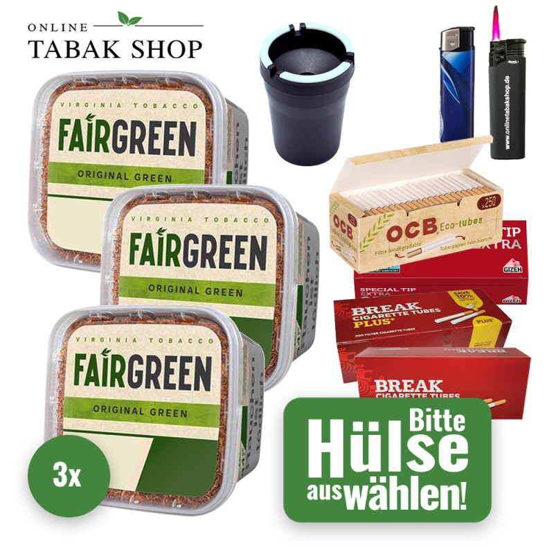 Fairgreen Tabak (3 x 270g) + 1.000 Hülsen + Sturmfeuerzeug + Feuerzeug + Auto Aschenbecher